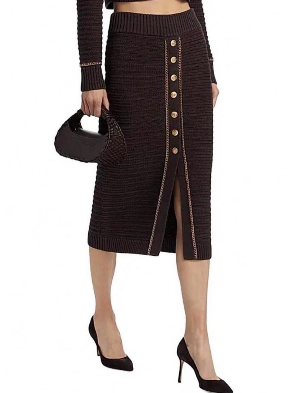 Toccin Tani Brown Knit Midi Skirt Gold Chain Button Quiet Luxury